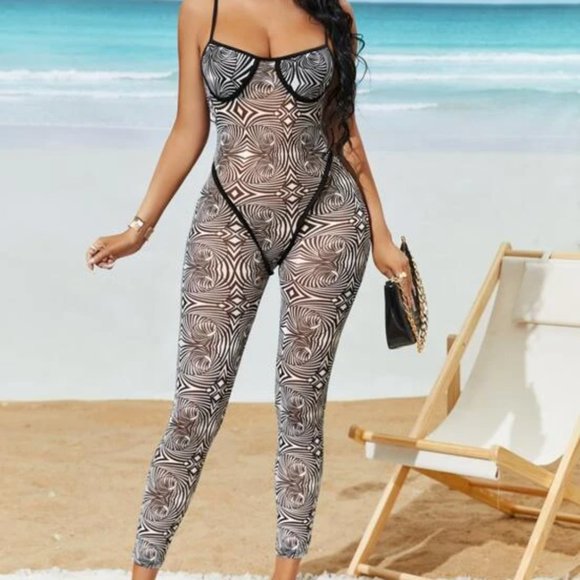 B&W Print Mesh One-Piece/Jumpsuit - Picture 1 of 6